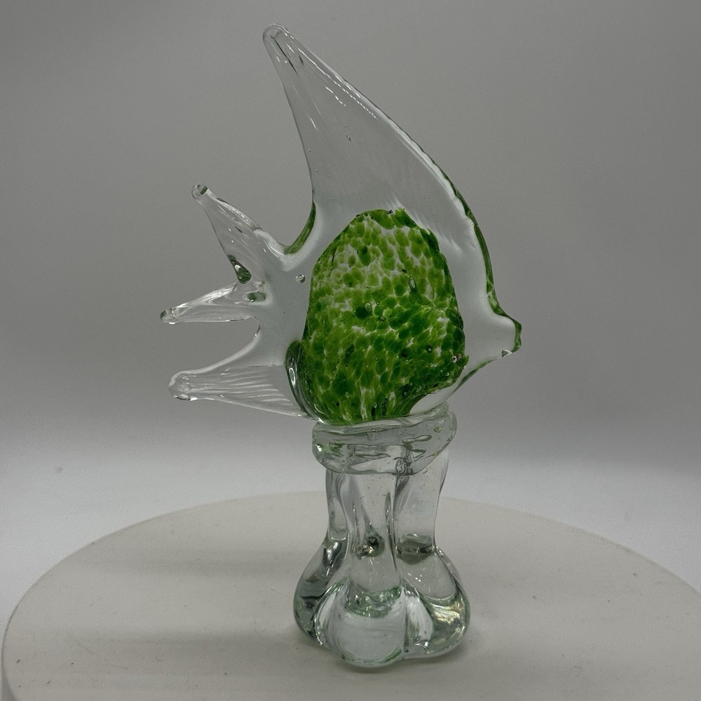 Murano Style Art Glass Angelfish Fish Green w/ Bubbles Figure Decor Paperweight